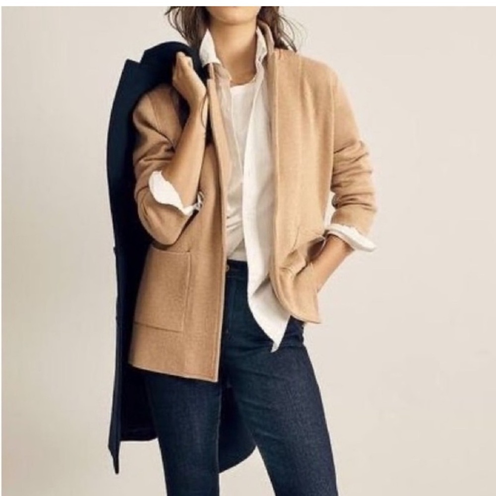 J Crew Open Front Sweater Blazer camel Classic Wool Patch pockets XL